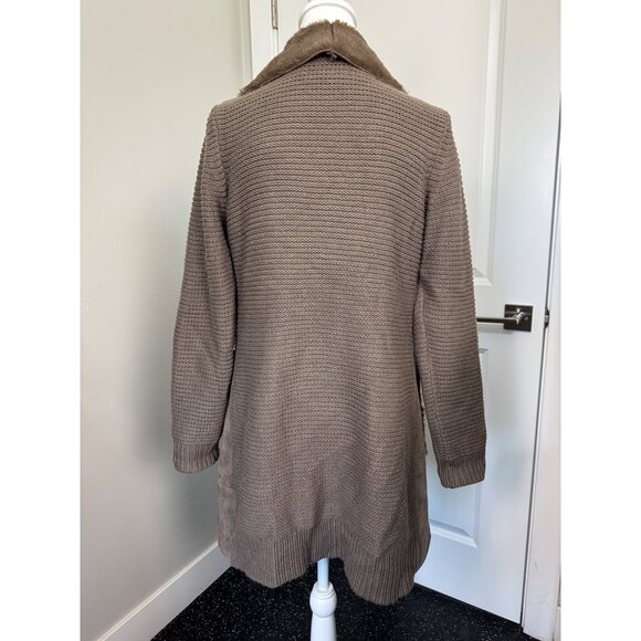 Anthropologie Womens M Taupe Faux Suede & Knit Long Coat W/Faux Shearling Collar - Picture 4 of 13